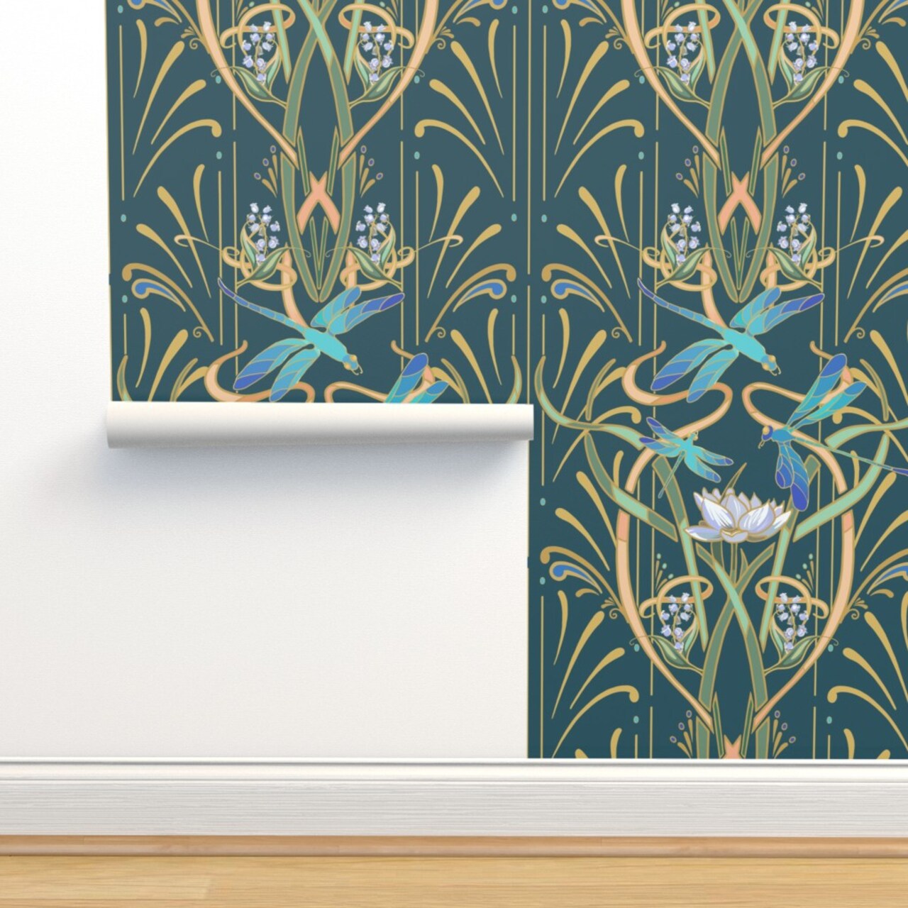 Teal Art Nouveau Elegant Dragonflies Large Scale Lotus Flower Ornate Botanical Custom Pre-pasted Wallpaper by Spoonflower Pre-Pasted Wallpaper 2FT Wide